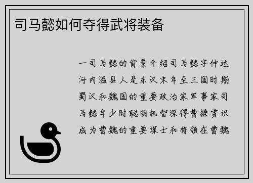 司马懿如何夺得武将装备